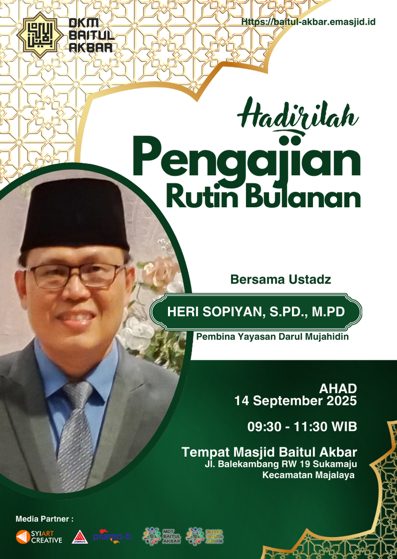 Puluhan Jemaah Penuhi Masjid Baitul Akbar dalam Pengajian Rutin Bersama Ustadz Heri Sopian